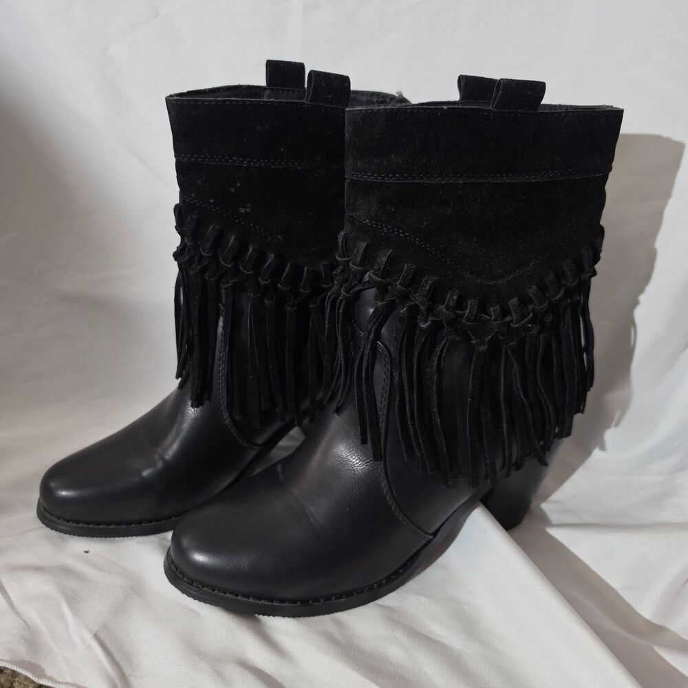 #0252 Lady Godiva Womens 6 Black Fringe Ankle Boots Suede Leather